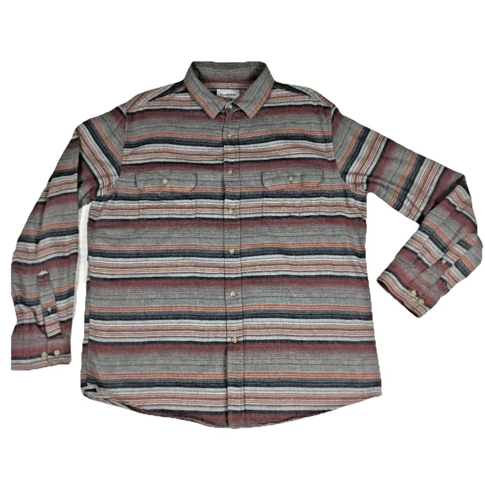 Goodfellow & Co Mens Large Gray Red Striped Flannel‎ Button Up Shirt 043160526